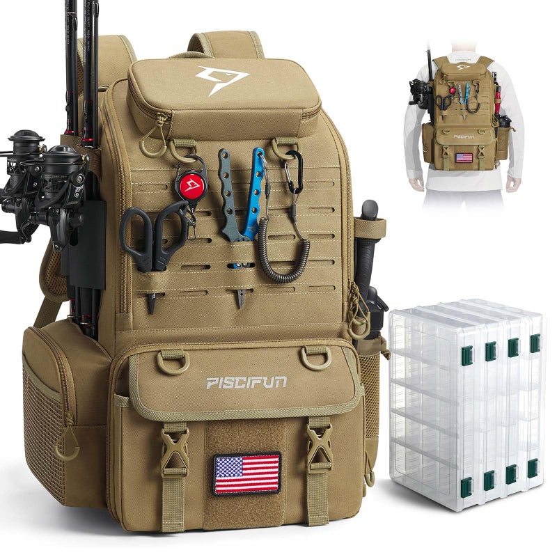 Piscifun 52L Fishing Tackle Backpack with Rod Holders 4 Tackle Boxes WaterResistant Large Tackle Bag for Fishing Gear Storage with Rain Cover Khaki - Image 2