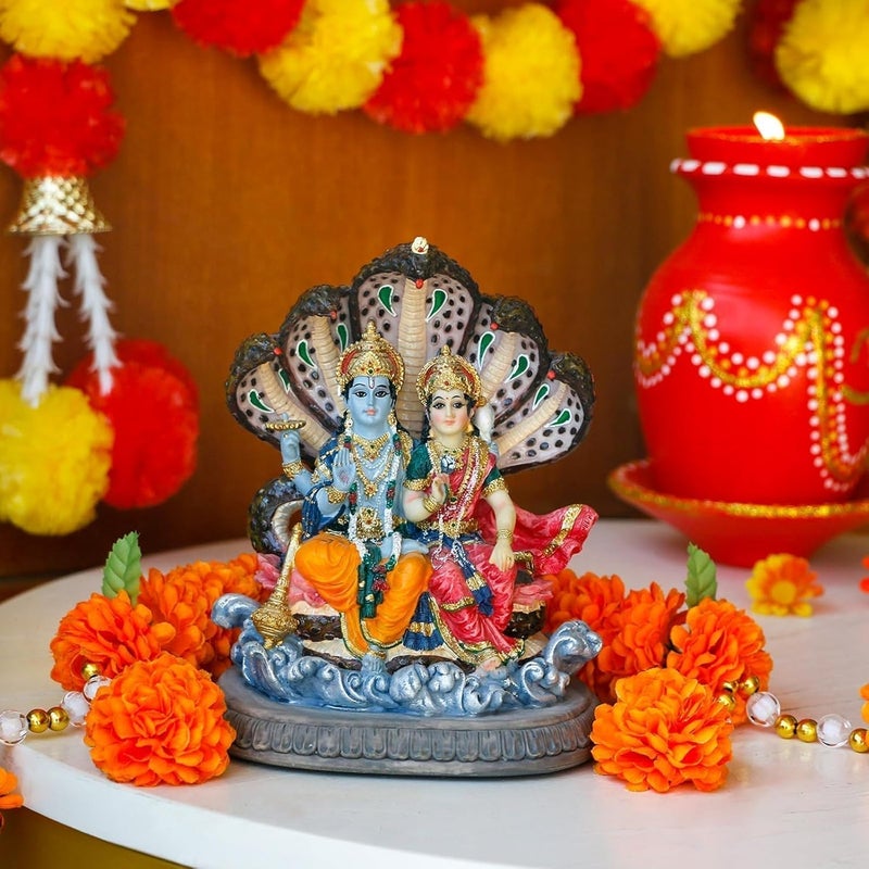 alikiki Hindu Laxmi Narayan Statue - 6.4”H Indian Idol Lakshmi Narayan Bhagwan Lord Vishnu MATA Murti Item Indian God Home Office Temple Mandir Shrine Altar Pooja Decor India Diwali Puja Gifts - Image 3