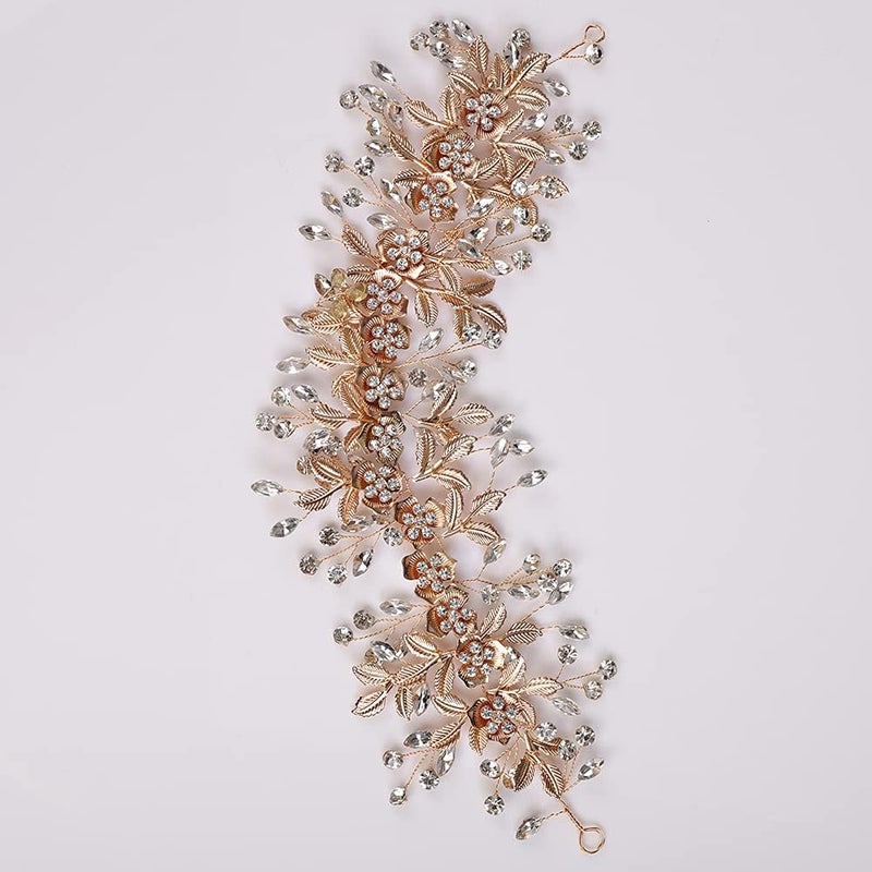 BERRYUAN Leaves Flower Crystal Wedding Hair Vine and Headpiece Gold Rhinestone Bridal Headband