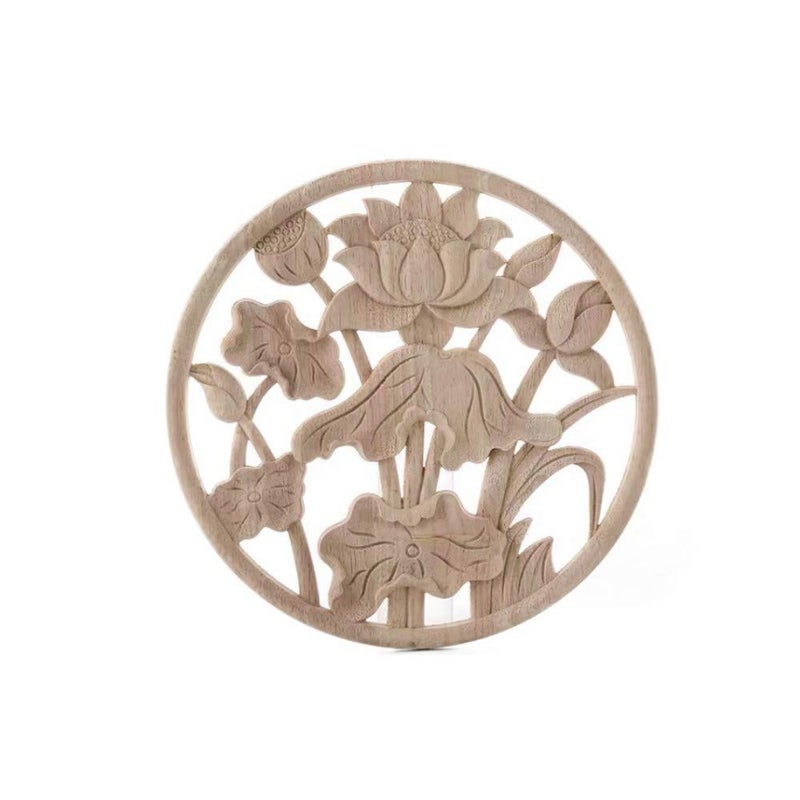 Sourcemall 3pcs Wood Curved Onlay  Lotus  Unpainted Wood Appliques for Home Door - Image 1