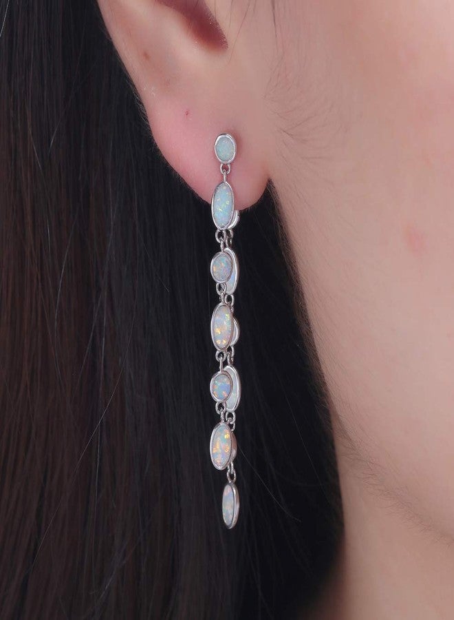 CiNily Ladies Opal Drop Earring 18K White Gold Plated Tiny Round Oval White Opal Ear Stud Dangle Earrings Gemstone Earrings - Image 3