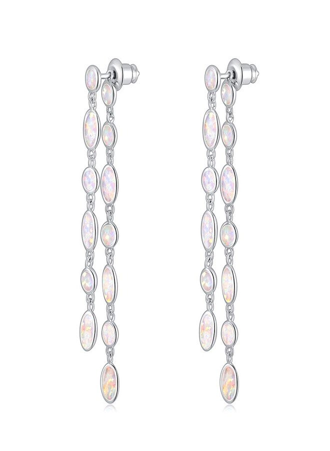 CiNily Ladies Opal Drop Earring 18K White Gold Plated Tiny Round Oval White Opal Ear Stud Dangle Earrings Gemstone Earrings - Image 1