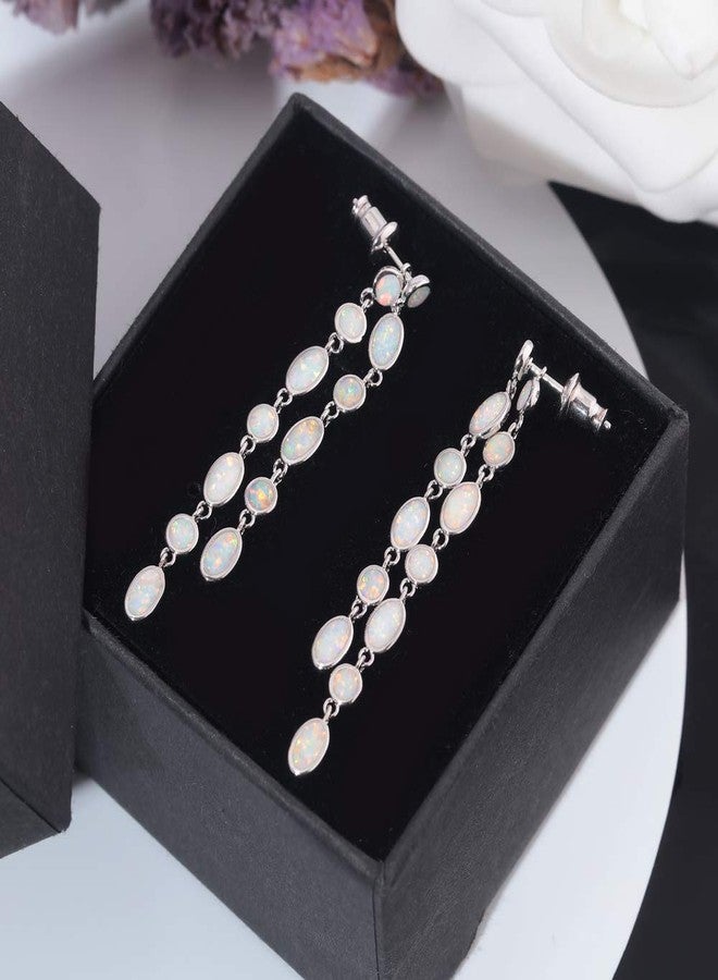 CiNily Ladies Opal Drop Earring 18K White Gold Plated Tiny Round Oval White Opal Ear Stud Dangle Earrings Gemstone Earrings - Image 5