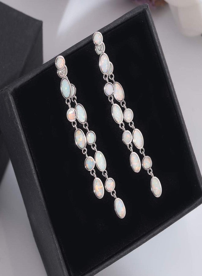 CiNily Ladies Opal Drop Earring 18K White Gold Plated Tiny Round Oval White Opal Ear Stud Dangle Earrings Gemstone Earrings - Image 2