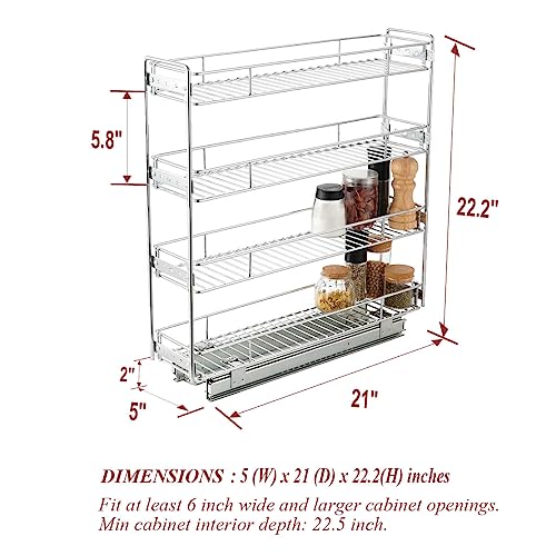 OCG 4-Tier Pull Out Kitchen Cabinet Spice Rack Holder Shelves (5" W x 21" D), Slide Out Slim Storage Wire Baskets for Storage Organization, Narrow Pull Out Storage for Narrow Space - Image 2