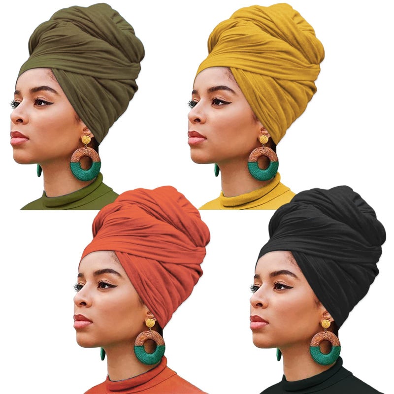 XTREND 4 Pieces Stretch Jersey Head Wrap Knit Turban Urban Hairband Scarf Fashion Headband Solid Color Breathable Ultra Soft Extra Long Head Band Tie for Women (Black, Army Green, Turmeric, Orange) - Image 1