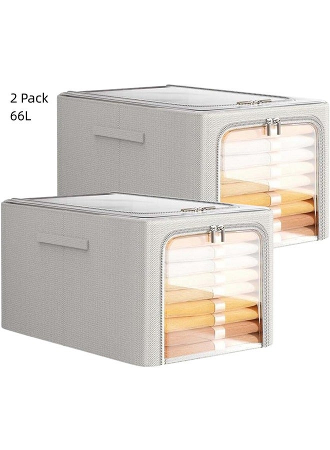 JCB CHIC Clothes Storage Bins with Metal Frame, Foldable Storage Box with Handles & Clear Window & Double Zippers, Fabric Closet Organizers and Storage Bins (66L) (2 Pack, Grey) - Image 1