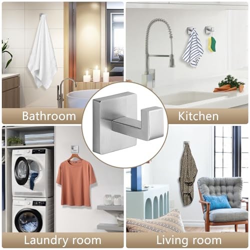 Fenas Heavy Duty Stainless Steel Towel Hooks, Wall Mounted Square Robe Hooks for Bathroom, Kitchen, Bedroom, Hotel Brushed Nickel 2 Pack - Image 5