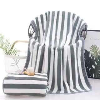TIQH Microfiber Coral Fleece Towel with Hook Quick Dry Super Absorbent Stripes Bath Towel for Men and Women Towel - Pack of 01 (Grey) - Image 3