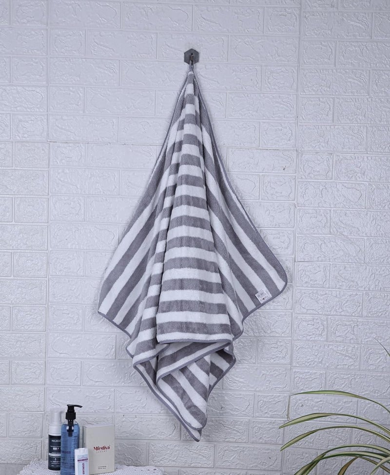 TIQH Microfiber Coral Fleece Towel with Hook Quick Dry Super Absorbent Stripes Bath Towel for Men and Women Towel - Pack of 01 (Grey) - Image 4