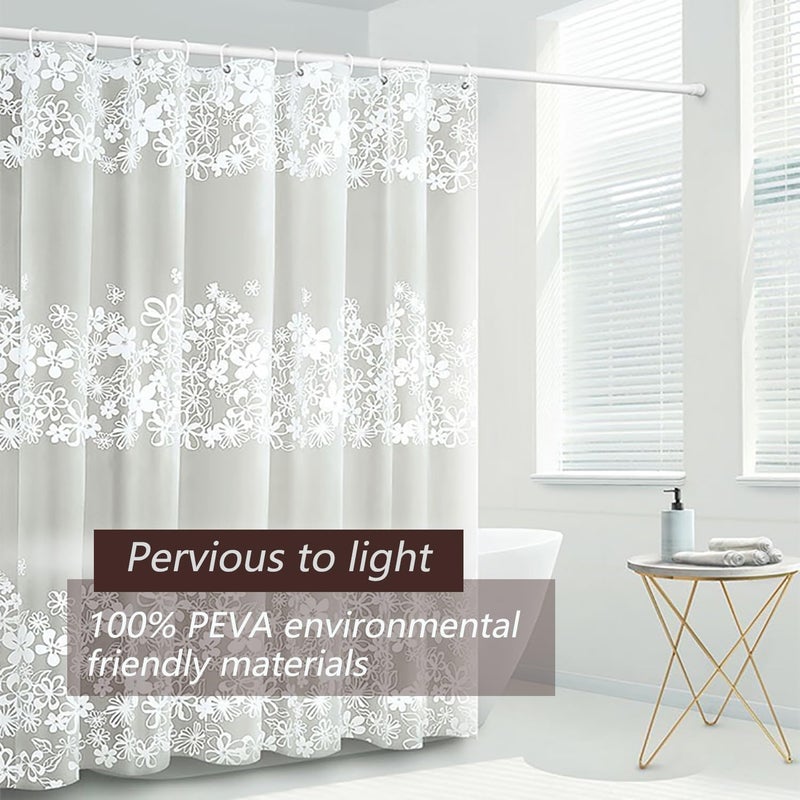 TIKABC Shower Curtain Liner, 4G PEVA Shower Liner, Plastic Waterproof Shower Curtains, with Grommet Holes and 3 Magnetic Weights(White Flower) - Image 2