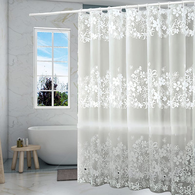 TIKABC Shower Curtain Liner, 4G PEVA Shower Liner, Plastic Waterproof Shower Curtains, with Grommet Holes and 3 Magnetic Weights(White Flower) - Image 1