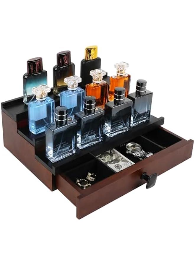 Arabest Cologne Organizer for Men, 3 Tier Cologne Stand, Wooden Perfume Stand Organizer Display, Cologne Shelf with Drawer and Hidden Compartment, Gift for Men  - Image 1
