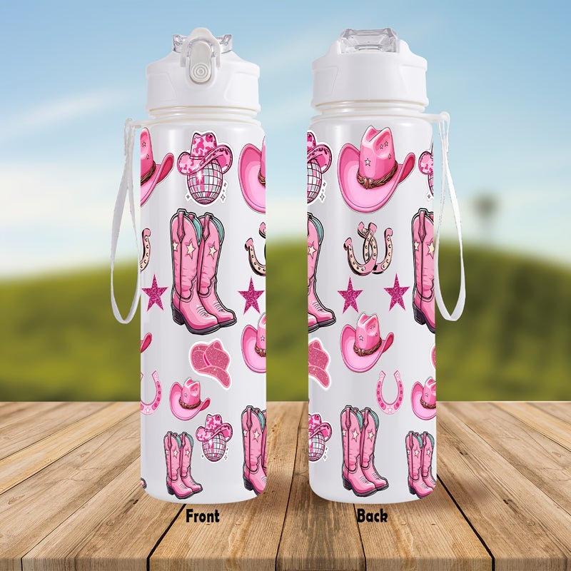 Shimmer Pink Denim Disco Party Sports Tumbler 760 ml with Straw - Western Boots, Hats, Horseshoes & Stars - Image 1