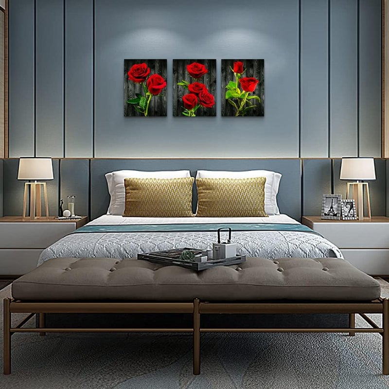 DZRWUBHS Canvas Wall Art For Bedroom Family Wall Decor For Living Room Modern Wall Decorations For Bathroom Dormitory Wall Painting Kitchen Canvas Art Red Roses Canvas Pictures Artwork Home Decoration 3 Pieces - Image 3