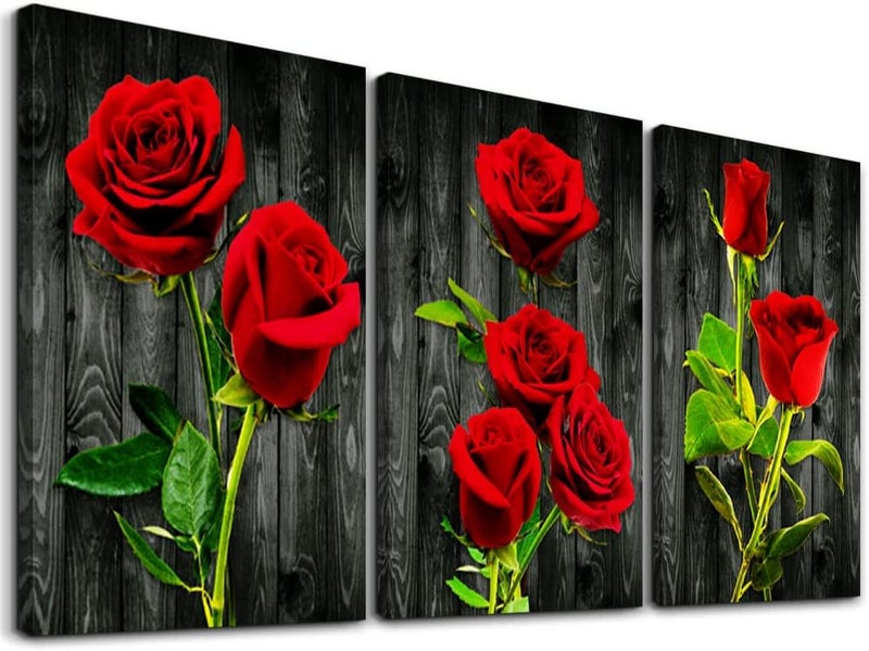 DZRWUBHS Canvas Wall Art For Bedroom Family Wall Decor For Living Room Modern Wall Decorations For Bathroom Dormitory Wall Painting Kitchen Canvas Art Red Roses Canvas Pictures Artwork Home Decoration 3 Pieces - Image 1