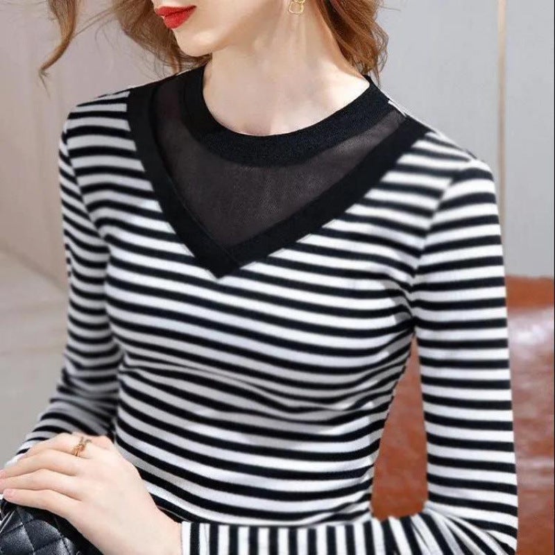 2024 New Inner Base Long-Sleeved Top Mesh Stitching V-Neck Base Shirt Striped T-Shirt For Women - Image 1