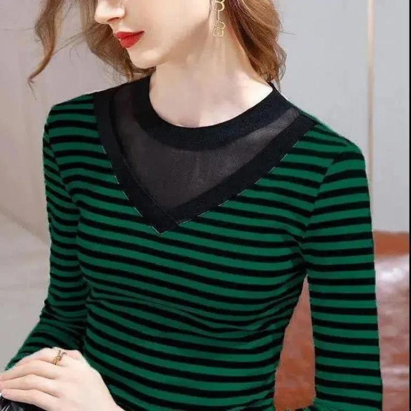 2024 New Inner Base Long-Sleeved Top Mesh Stitching V-Neck Base Shirt Striped T-Shirt For Women - Image 4