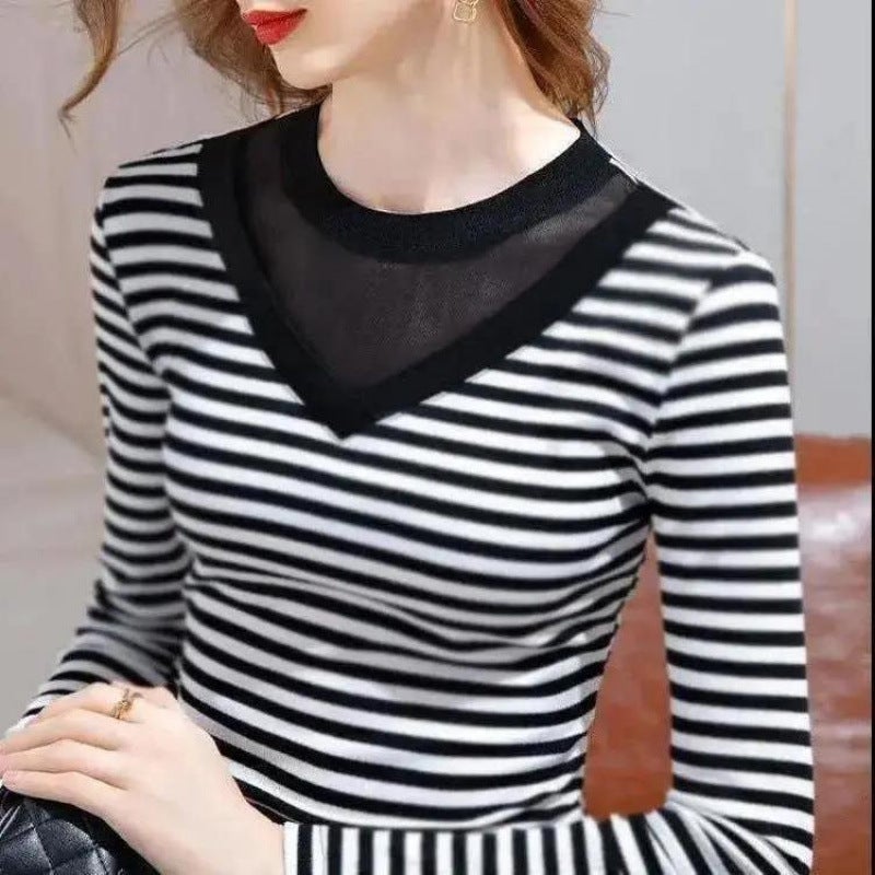 2024 New Inner Base Long-Sleeved Top Mesh Stitching V-Neck Base Shirt Striped T-Shirt For Women - Image 3