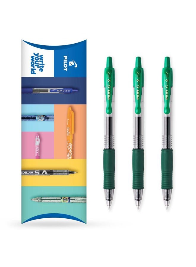 PILOT G-2 Retractable Gel Ink Rollerball Pens - 0.7mm Nib Tip - Pillow Pack Set of 3 - Green Ink - Image 1