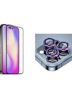 PSGT Apple iPhone 14 Pro Compatible Fully Covering Tempered Glass and Deep Purple Camera Lens Protector Set 