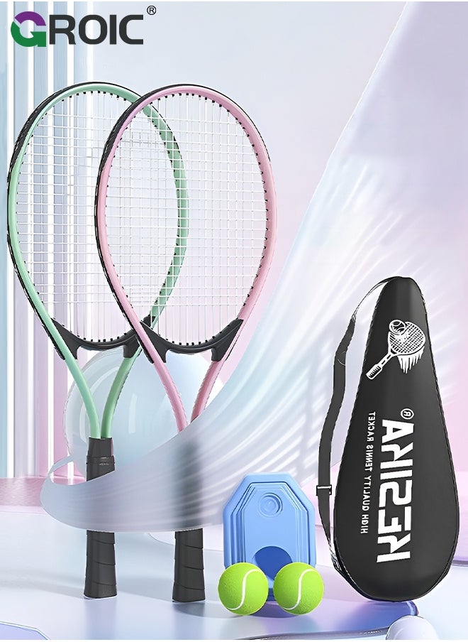 GROIC 27" Tennis Rackets Set - 2 Pack Tennis Racket, 2 Ball with Rope, 2 Trainer Base, 2 Handle Grips and 2 Tennis Bag, Tennis Trainer Tennis Practice Tennis Ideal for Beginner/Intermediate Players  - Image 1