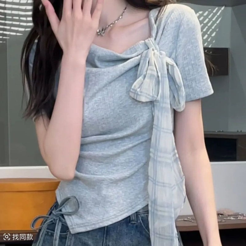 Summer Sweet Style T-Shirt With Bow Tie And Asymmetrical Plaid Design Short-Sleeved Top - Image 5
