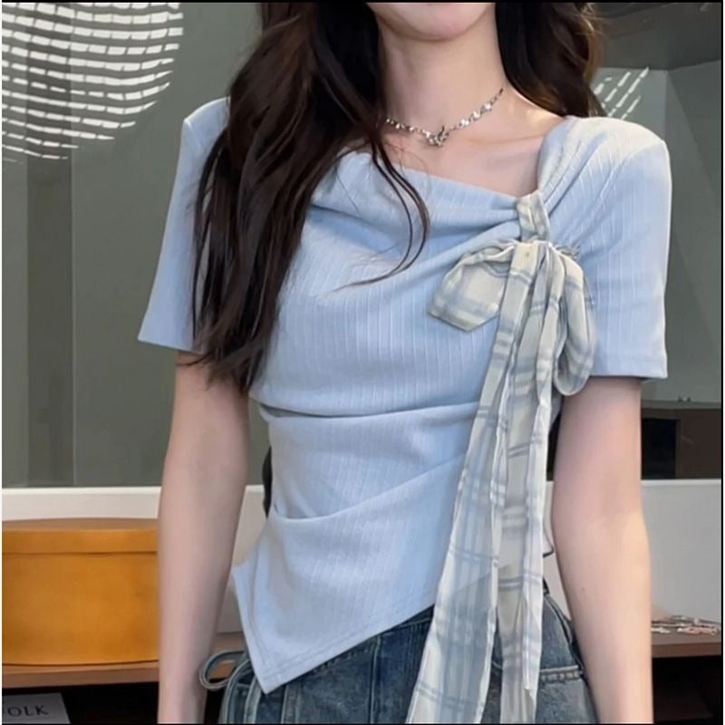 Summer Sweet Style T-Shirt With Bow Tie And Asymmetrical Plaid Design Short-Sleeved Top - Image 4