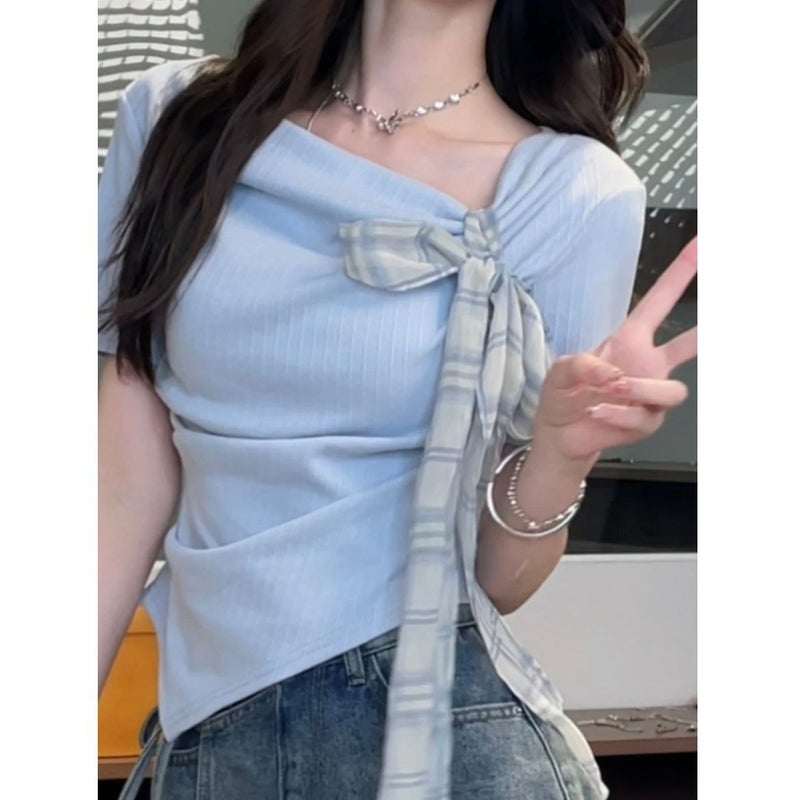Summer Sweet Style T-Shirt With Bow Tie And Asymmetrical Plaid Design Short-Sleeved Top - Image 3
