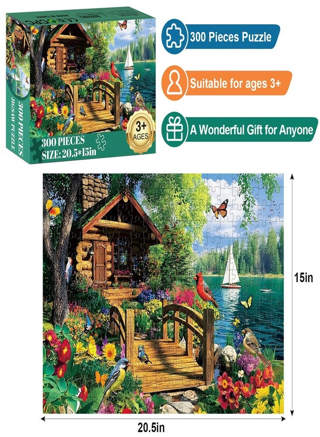 Edsjegn 300 Piece Puzzles for Adults,Lake Cabin Jigsaw Puzzle for Adults Kids Elderly,Large Piece Countryside Puzzle for Kids Age 8-10 10-12,Challenging Landscape Puzzle,Family Game Great Gift 20.5x15in - Image 2
