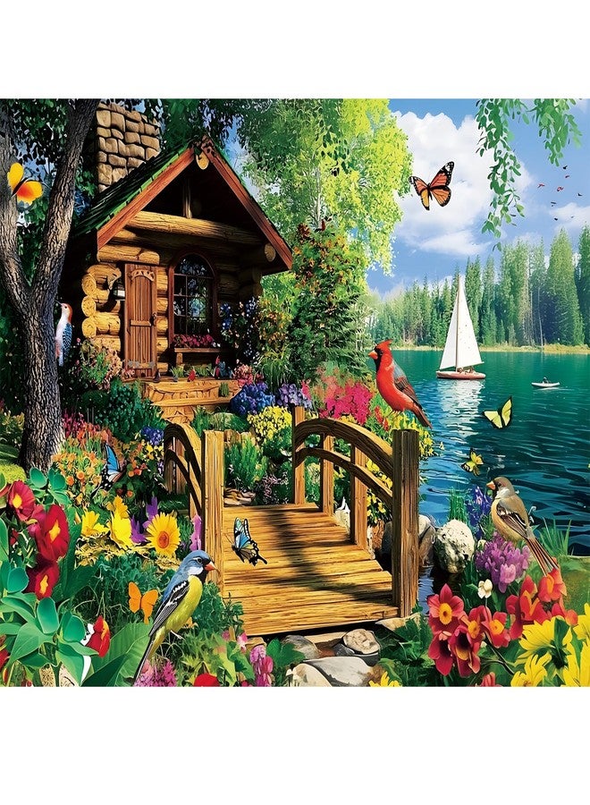 Edsjegn 300 Piece Puzzles for Adults,Lake Cabin Jigsaw Puzzle for Adults Kids Elderly,Large Piece Countryside Puzzle for Kids Age 8-10 10-12,Challenging Landscape Puzzle,Family Game Great Gift 20.5x15in - Image 1