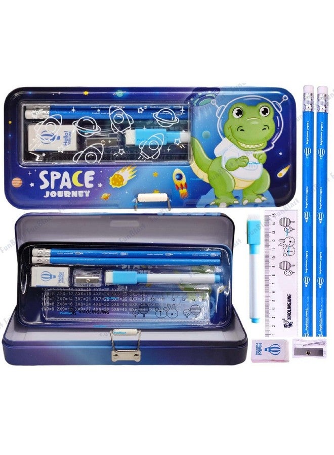 FunBlast Space Journey Theme Metal Pencil Box Case with Pencil, Eraser, Sharpener Stationery Set - Double Layer Pencil Case Stationary Organizer for Kids, Boys, Girls (Space Journey) - Image 1