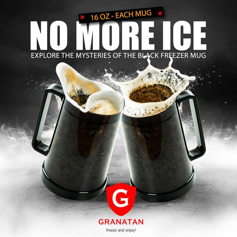 Granatan Black Beer Mugs with Gel Freezer 16 oz, Double Walled Beer Mugs with Handles Set Of 4 - Image 3