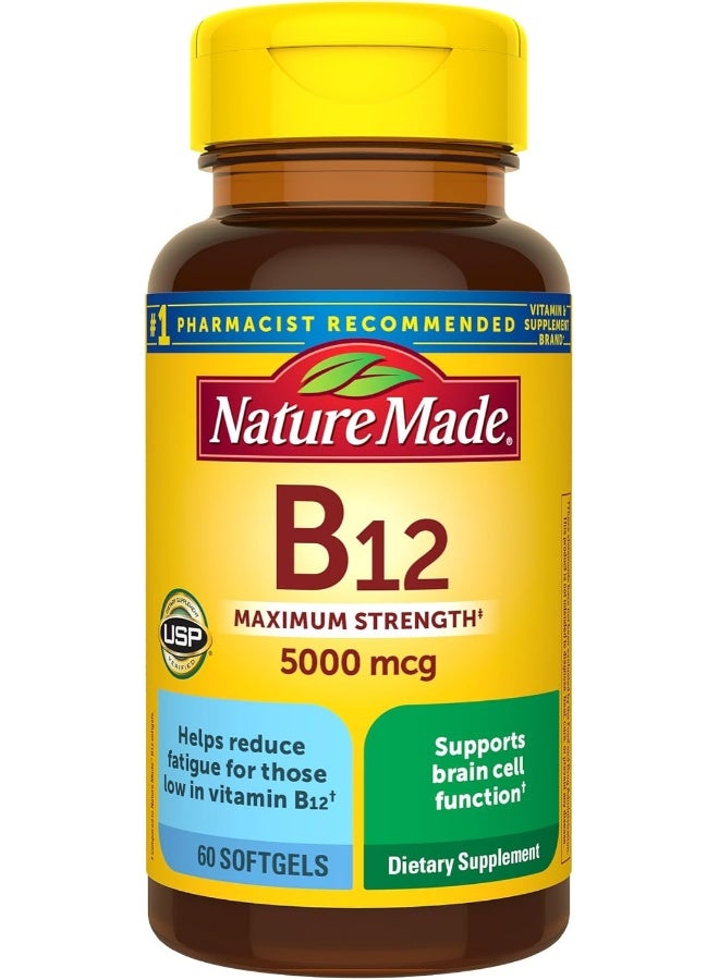 Nature Made Maximum Strength Vitamin B12 5000 mcg, Dietary Supplement for Energy Metabolism Support, 60 Softgels, 60 Day Supply - Image 1