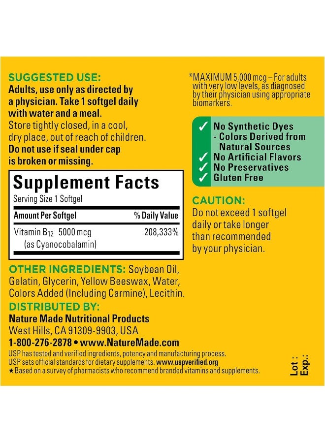 Nature Made Maximum Strength Vitamin B12 5000 mcg, Dietary Supplement for Energy Metabolism Support, 60 Softgels, 60 Day Supply - Image 5