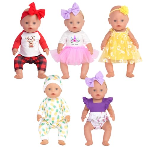 Sweet Dolly Baby Doll Accessories 5 Set of Doll Clothes Dress Bodysuits Outfits for 15 Inch to 18 Inch Dolls 15 Inch Baby Dolls 11 PCs in Total Doll Clothes and Accessories - Image 1