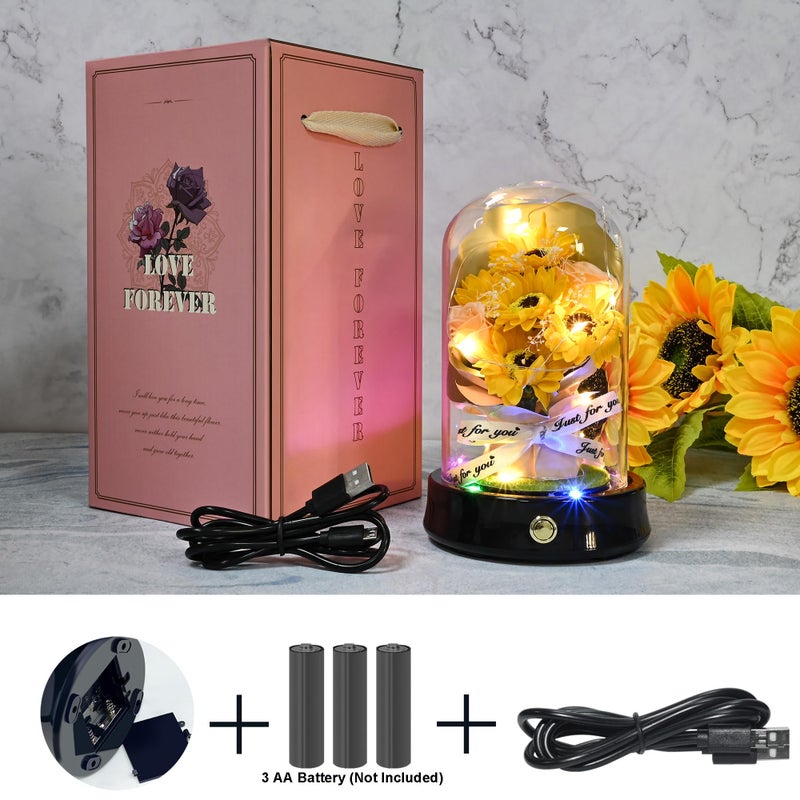 QUELIEN Valentines Day Sunflower Gifts for Women Birthday Gifts for her Sunflowers Artificial Flowers in Glass Dome Unique Gifts for Xmas Valentine Day Wedding Mothers Day Anniversary (yellow-bouquet) - Image 3