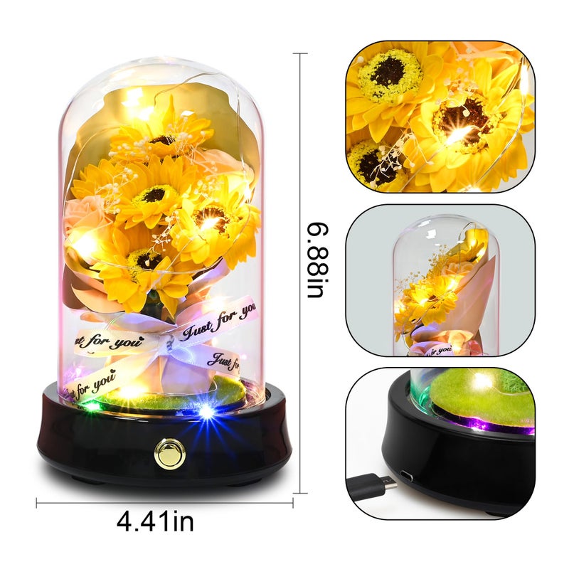 QUELIEN Valentines Day Sunflower Gifts for Women Birthday Gifts for her Sunflowers Artificial Flowers in Glass Dome Unique Gifts for Xmas Valentine Day Wedding Mothers Day Anniversary (yellow-bouquet) - Image 4