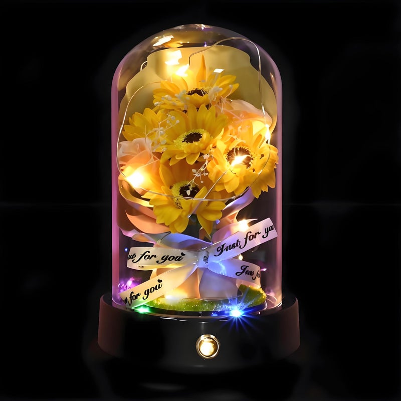 QUELIEN Valentines Day Sunflower Gifts for Women Birthday Gifts for her Sunflowers Artificial Flowers in Glass Dome Unique Gifts for Xmas Valentine Day Wedding Mothers Day Anniversary (yellow-bouquet) - Image 1