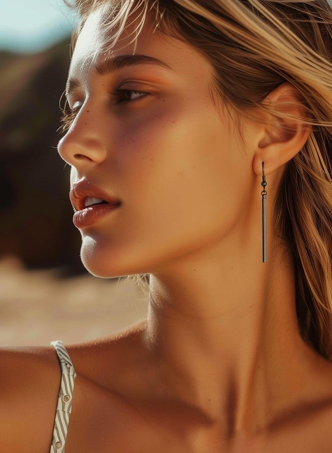 FOCALOOK Black Earrings for Women Hypoallergenic Minimalist Thin Drop Dangle Long Vertical Bar Earrings - Image 3