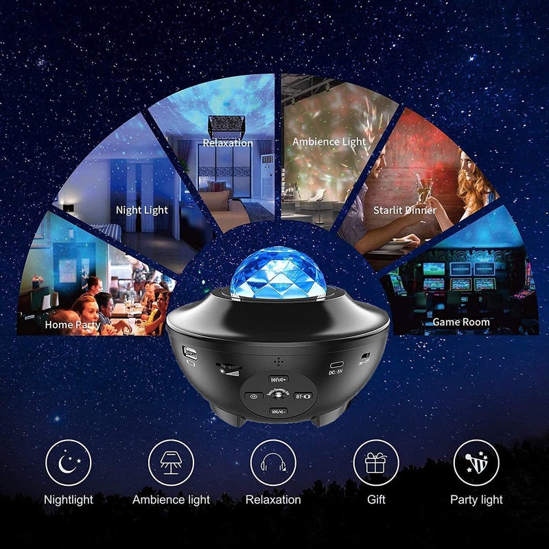 LED Wave Projector Lamp - 10 Colors Starry Sky & Ocean Effect Built-In BT 5.2 Speaker USB Flash Disk Compatibility Timer Remote Voice Control Black Cordless Lamp for Home Decor Party Night Use - Image 4