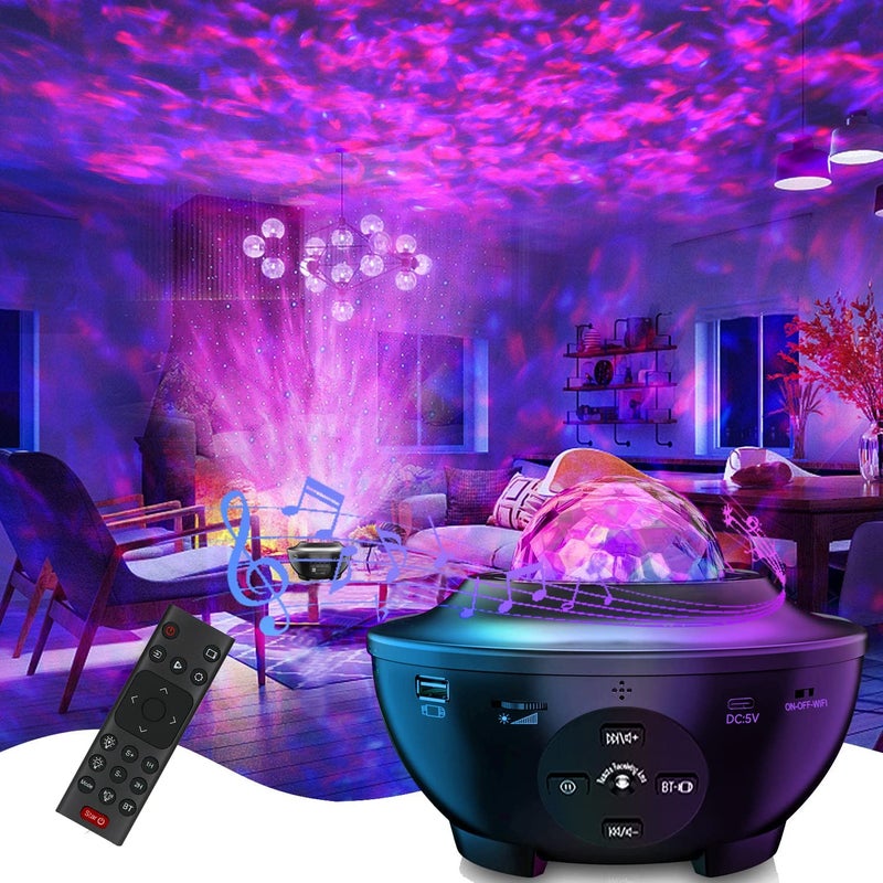 LED Wave Projector Lamp - 10 Colors Starry Sky & Ocean Effect Built-In BT 5.2 Speaker USB Flash Disk Compatibility Timer Remote Voice Control Black Cordless Lamp for Home Decor Party Night Use - Image 1