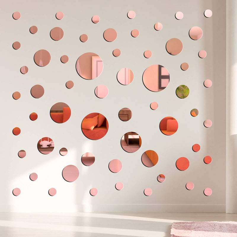 Jetec 60 Pieces Acrylic Mirror Setting Round DIY Decor Tiles Adhesive Wall Sticker Decal for Bedroom Wall Decor Mirror Living Dining Room Art Background Decoration Rose Gold