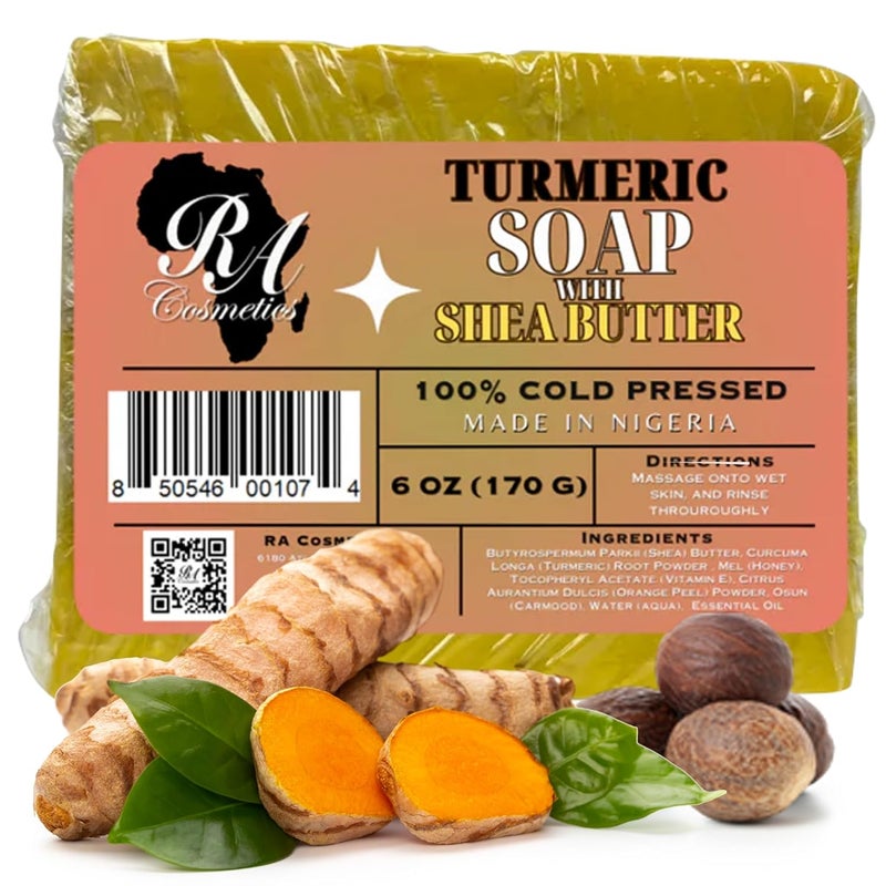 RA COSMETICS Turmeric Soap with Shea Butter 100 Natural Face Body Soap for Healthy Hydrated Skin Gentle Exfoliating Nourishing Cleansing Bar for All Skin Types 6oz