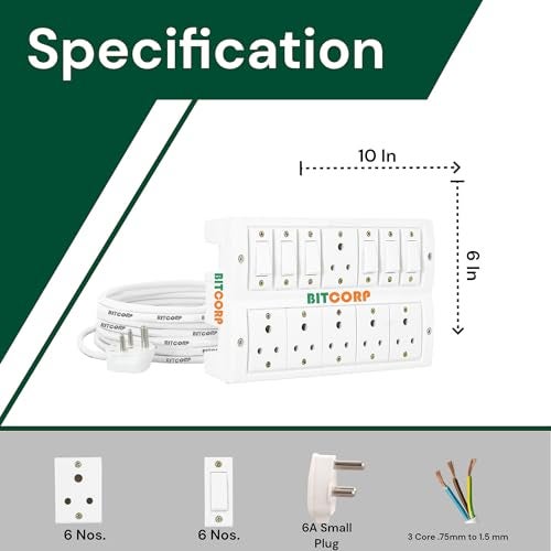 Bitcorp Electric Power Strip, 6A 2500W, 6 Socket 6 Switch Extension Board, Surge Protected, 4 Meter Cord for Home, Office Appliances, Cooler, Fridge, Air Conditioner, PC (White) 220 Volts - Image 3
