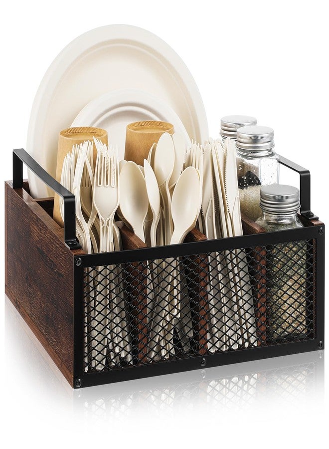 Mimorou Wooden Paper Plate Dispenser Utensil Holder Kitchen Counter Cutlery Flatware Organizer for Party Utensil Caddy Paper Plate Holder for Cups Spoons Forks Napkins, Kitchen Accessories - Image 1