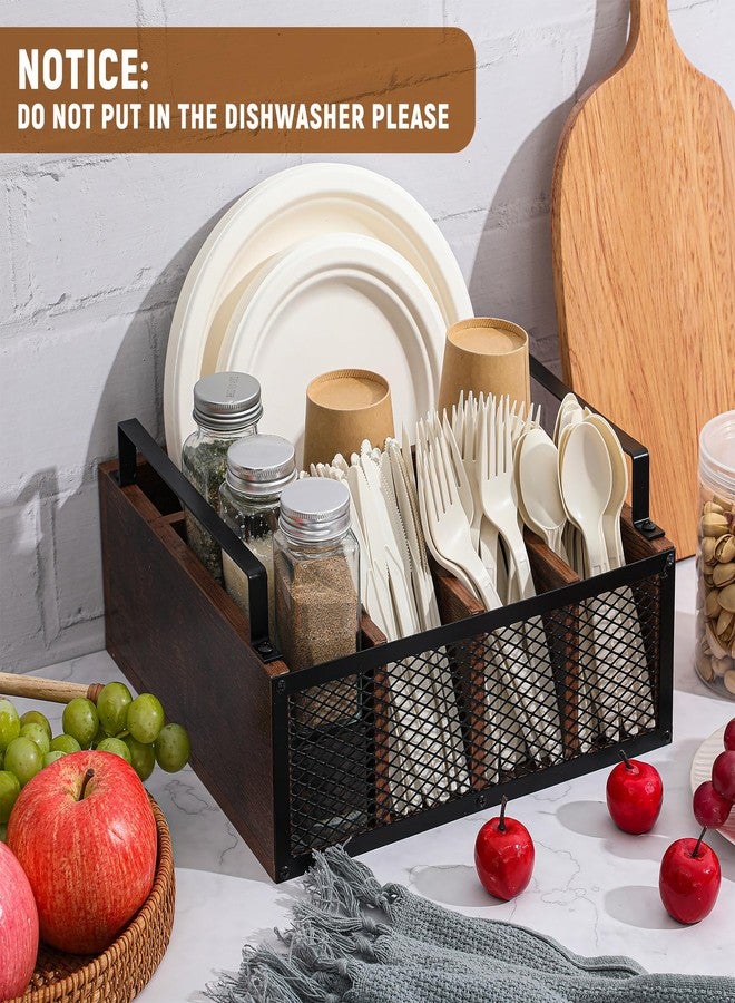 Mimorou Wooden Paper Plate Dispenser Utensil Holder Kitchen Counter Cutlery Flatware Organizer for Party Utensil Caddy Paper Plate Holder for Cups Spoons Forks Napkins, Kitchen Accessories - Image 4