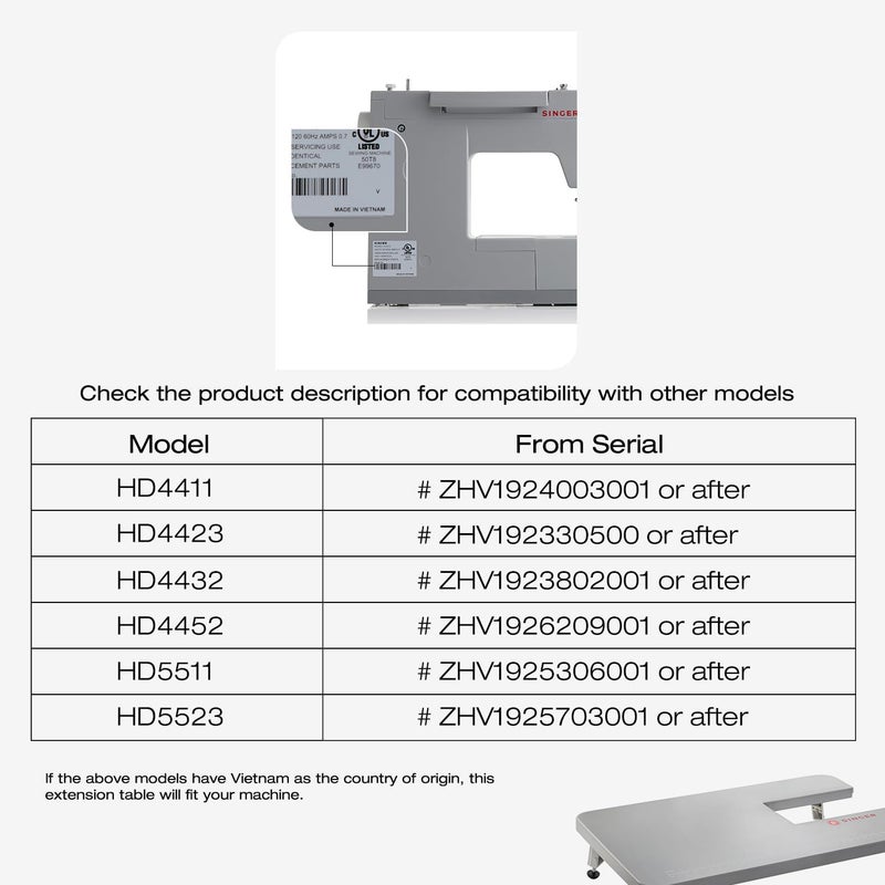 SINGER طاولة تمديد رمادية للآلات الميكانيكية الثقيلة 4411، 4423، 4432، 4452، 5511، 5523، 5532، 6335 | تدعم المشاريع الأكبر | سطح مستقر مع ساق قابلة للطي - Image 4