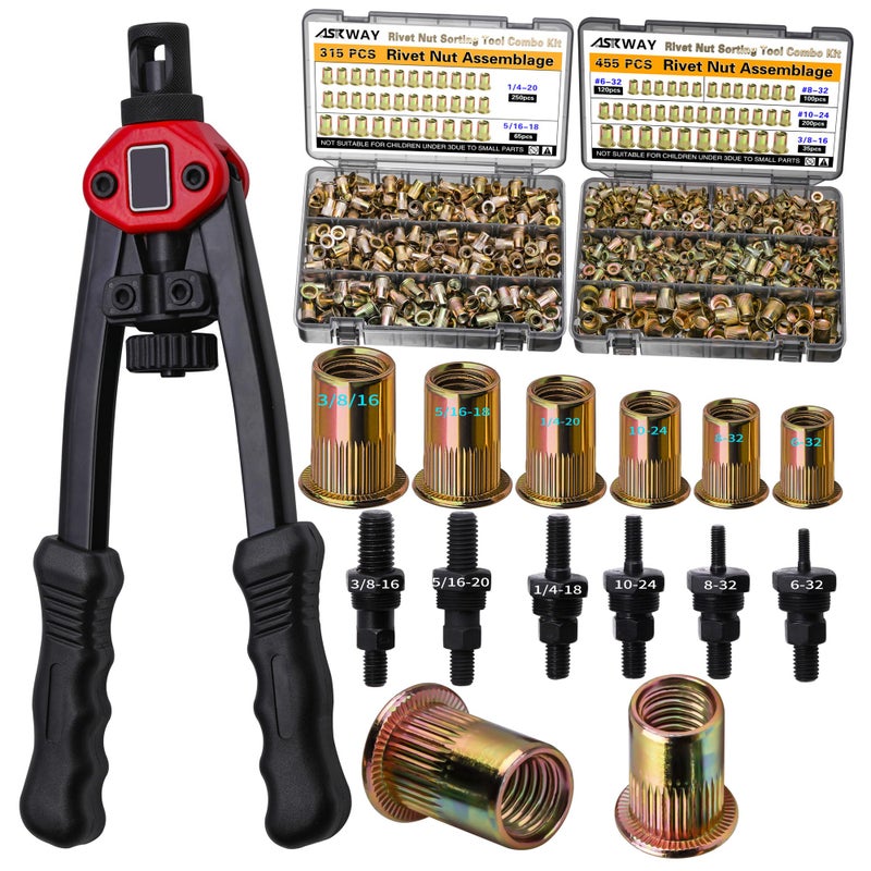 AskWay ASE Pressure Rivet Nut Tool Kit, 770PCS (3/8-16,5/16-18,1/4,10-24,8-32,6-32) Imperial Rivet Nut, Suitable for Furniture, Decoration, Automotive, Marine and Industrial Applications - Image 1