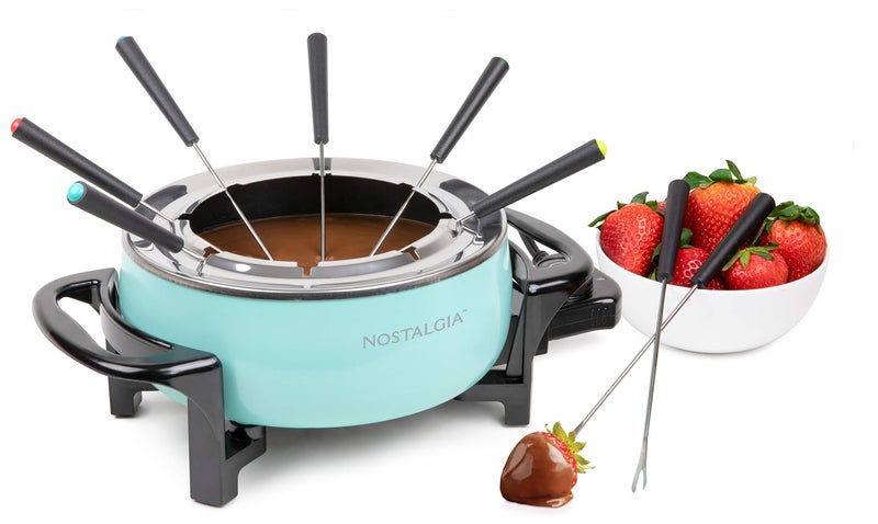 Nostalgia 12Cup Electric Fondue Pot Set for Cheese Chocolate 8 ColorCoded Forks Temperature Control Stainless Steel Kitchen Gadgets and Appliances for Hors dOeuvres and More Aqua